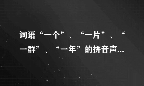 词语“一个”、“一片”、“一群”、“一年”的拼音声调是什么？