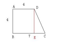 如图:在直角梯形ABCD中,AD‖BC,AB⊥BC,若AD=AB=4,BC=7,则CD=（），梯形面积为（）。
