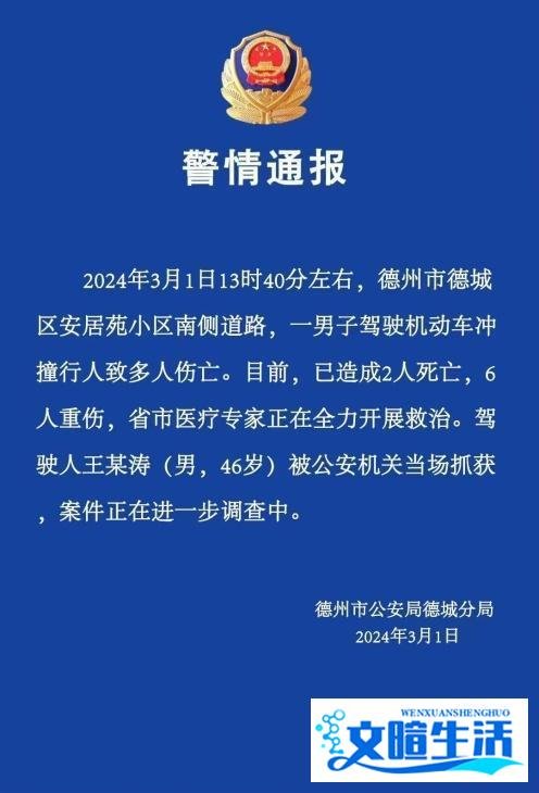 山东男子驾车撞人致2死6重伤 警方通报：驾驶人被当场抓获