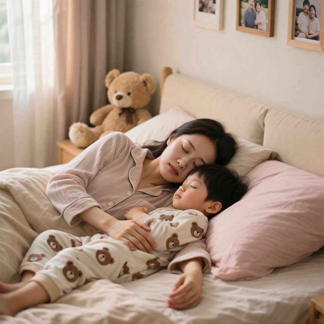 妈妈在哄孩子午睡的时候,自己先睡着了