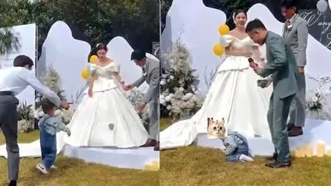 临沂一名儿童给父母婚礼当花童，中途闹脾气“罢工”扔戒指，现场气氛如何？
