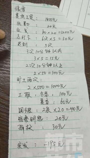 愤怒! 女孩打工一月倒欠195元 辛苦劳动竟欠下一屁股债