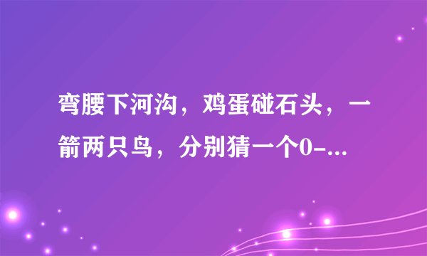 弯腰下河沟，鸡蛋碰石头，一箭两只鸟，分别猜一个0-9的数字！